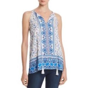 Nordstrom Aqua Blue White Peasant Top Boho Print Tassel Tie at Neck NWT SMALL